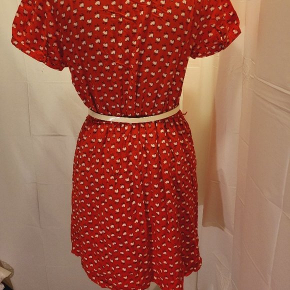 Forever 21 Rooster Print Red Fit and Flare Dress with Belt M - Picture 9 of 14